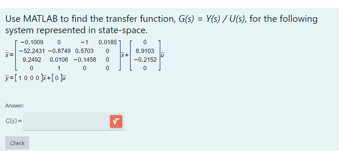 Use MATLAB to find the transfer function, | Chegg.com