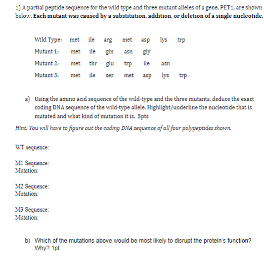 Solved 1) A partial peptide sequence for the wild type and | Chegg.com