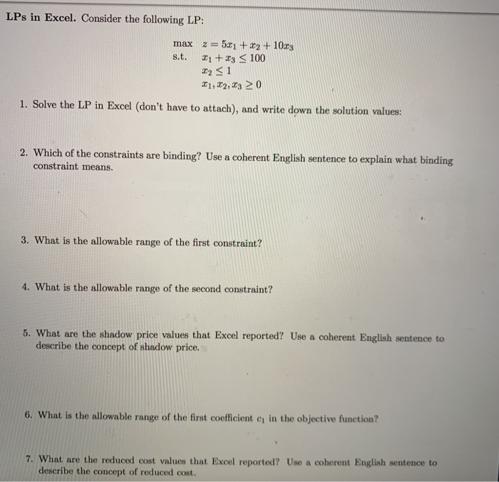 Solved Lps In Excel Consider The Following Lp Max Z 5x1