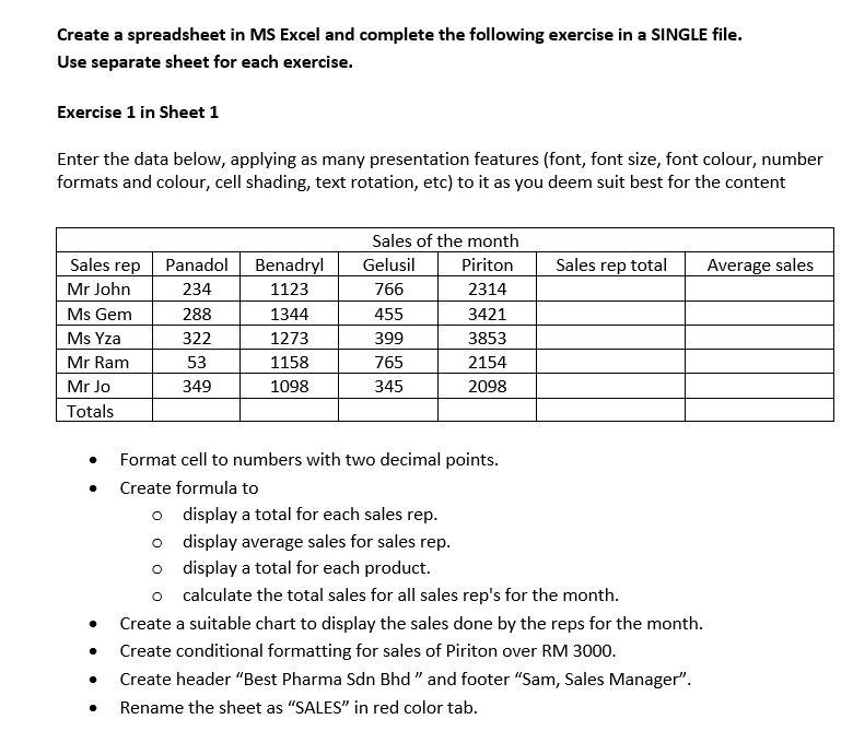 Solved Create A Spreadsheet In MS Excel And Complete The | Chegg.com