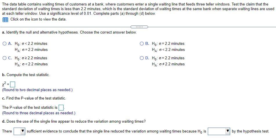 Solved The data table contains waiting times of customers at | Chegg.com