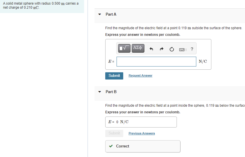 Solved A solid metal sphere with radius 0.500 m carries a