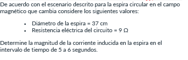 De acuerdo con el escenario descrito para la espira circular en el campo magnético que cambia considere los siguientes valore