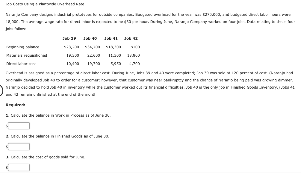 Solved Job Costs Using a Plantwide Overhead Rate Naranjo | Chegg.com