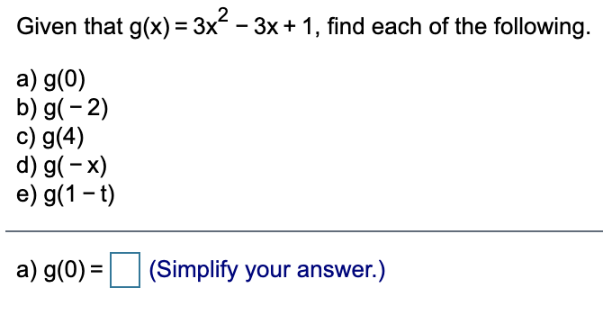 Solved Given that g(x) = 3x² – 3x + 1, find each of the | Chegg.com