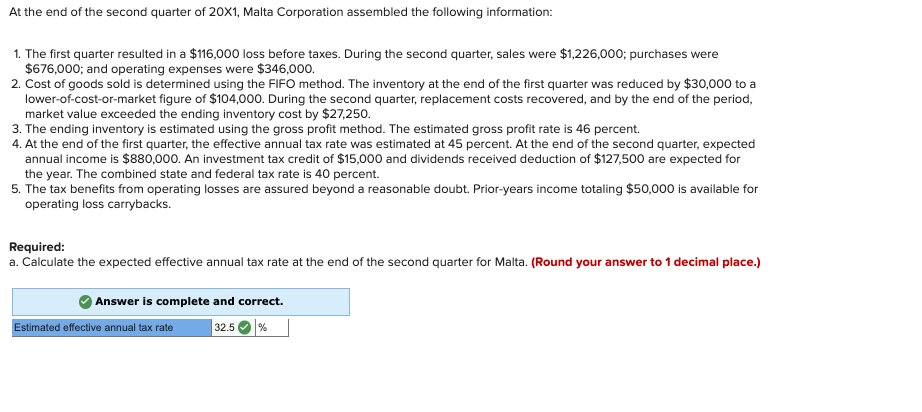 Solved At the end of the second quarter of 20X1, Malta | Chegg.com