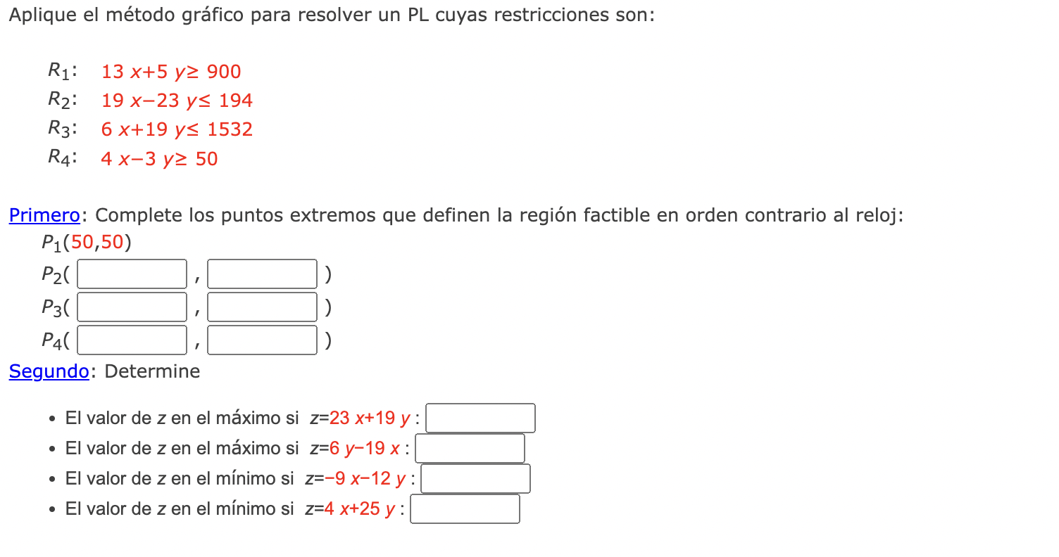 Aplique el método gráfico para resolver un PL cuyas restricciones son: R₁: 13 x+5 y≥ 900 R₂: 19 x-23 y≤ 194 R3: 6 x+19 y≤ 153