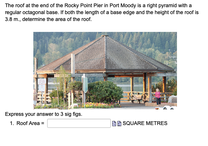 The roof at the end of the Rocky Point Pier in Port Moody is a right pyramid with a
regular octagonal base. If both the lengt