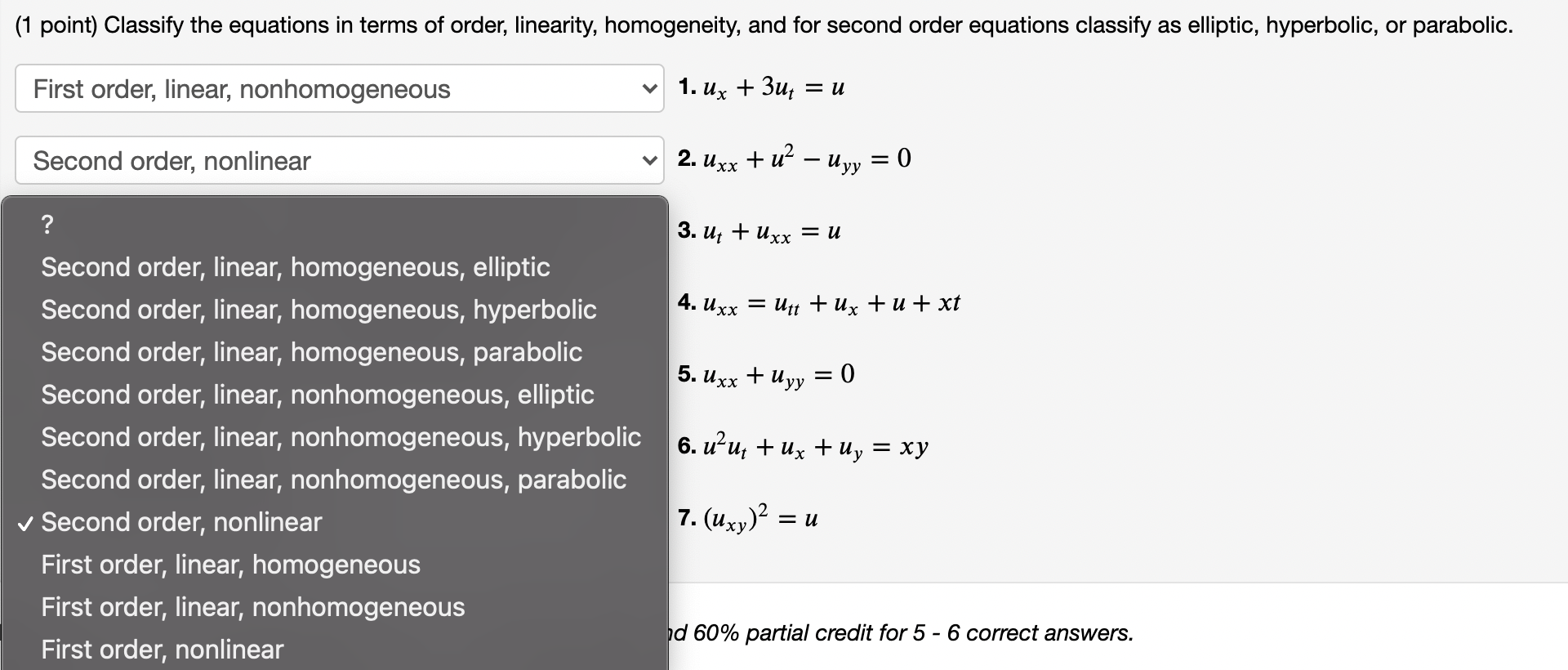 Solved (1 point) Classify the equations in terms of order, | Chegg.com