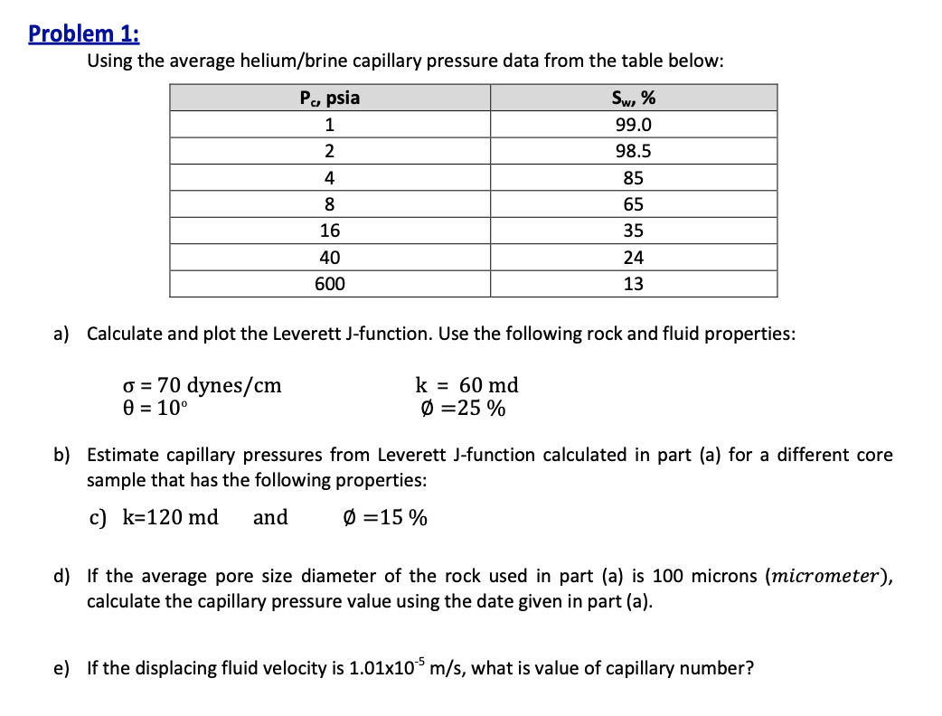 Problem 1: Using the average helium/brine capillary | Chegg.com