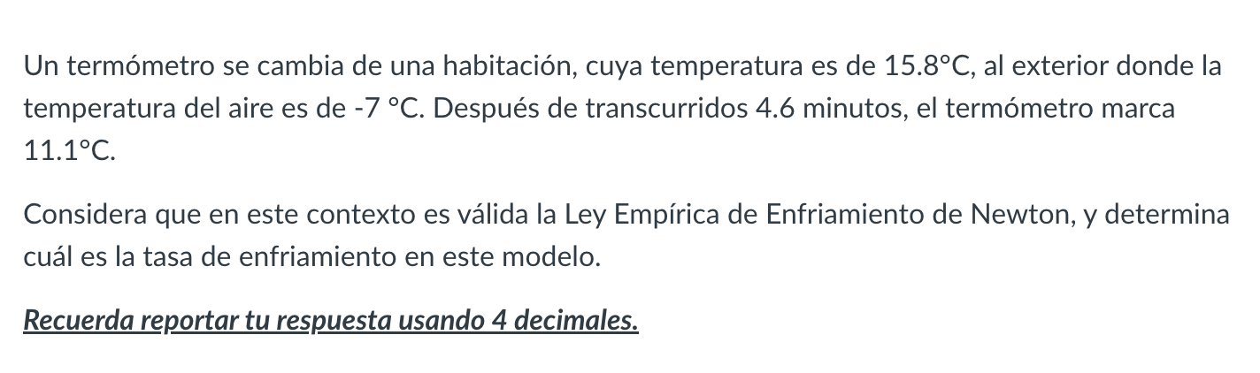 Un termómetro se cambia de una habitación, cuya temperatura es de \( 15.8^{\circ} \mathrm{C} \), al exterior donde la tempera