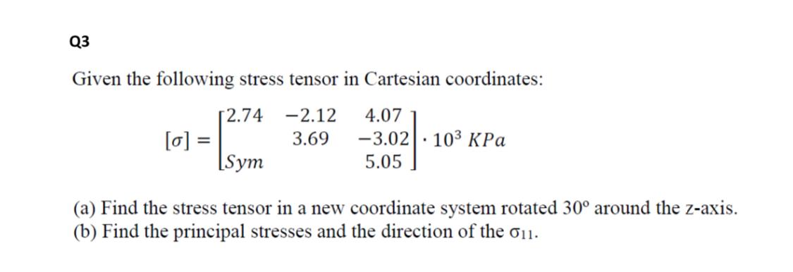 Solved Q3 Given the following stress tensor in Cartesian | Chegg.com