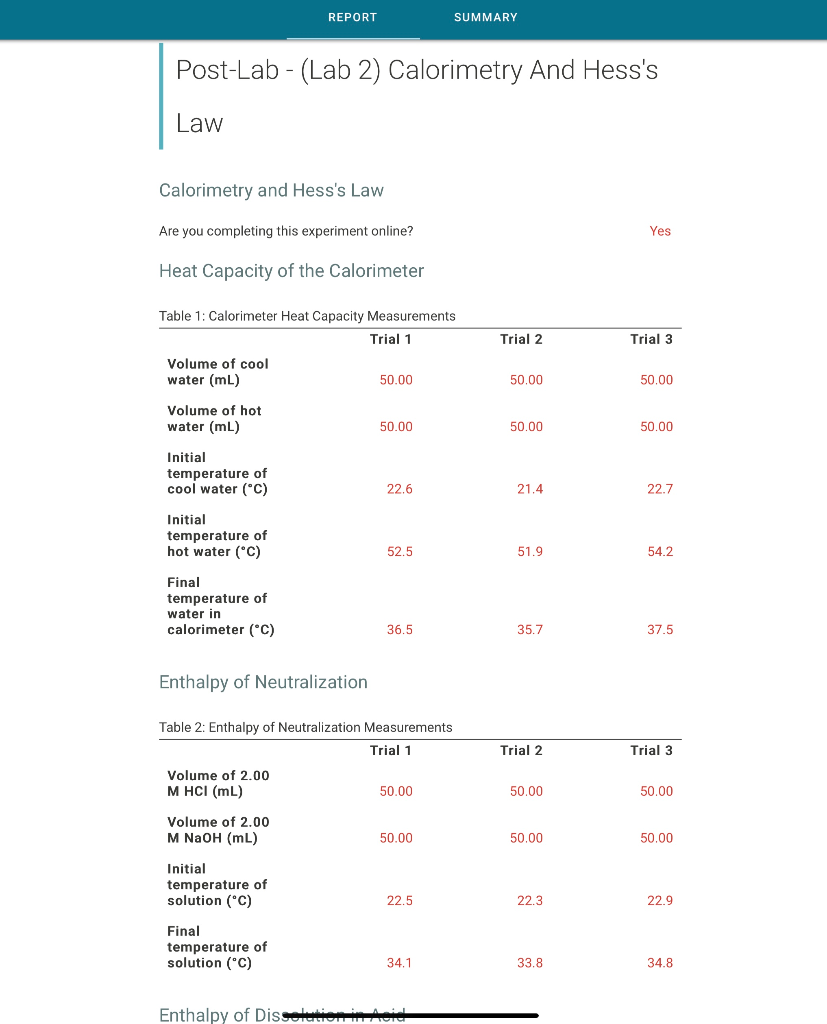 REPORT SUMMARY PostLab (Lab 2) Calorimetry And