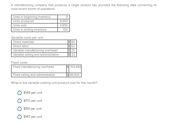 A Manufacturing Company That Produces A Single Product Solved A manufacturing company that produces a single | Chegg.com