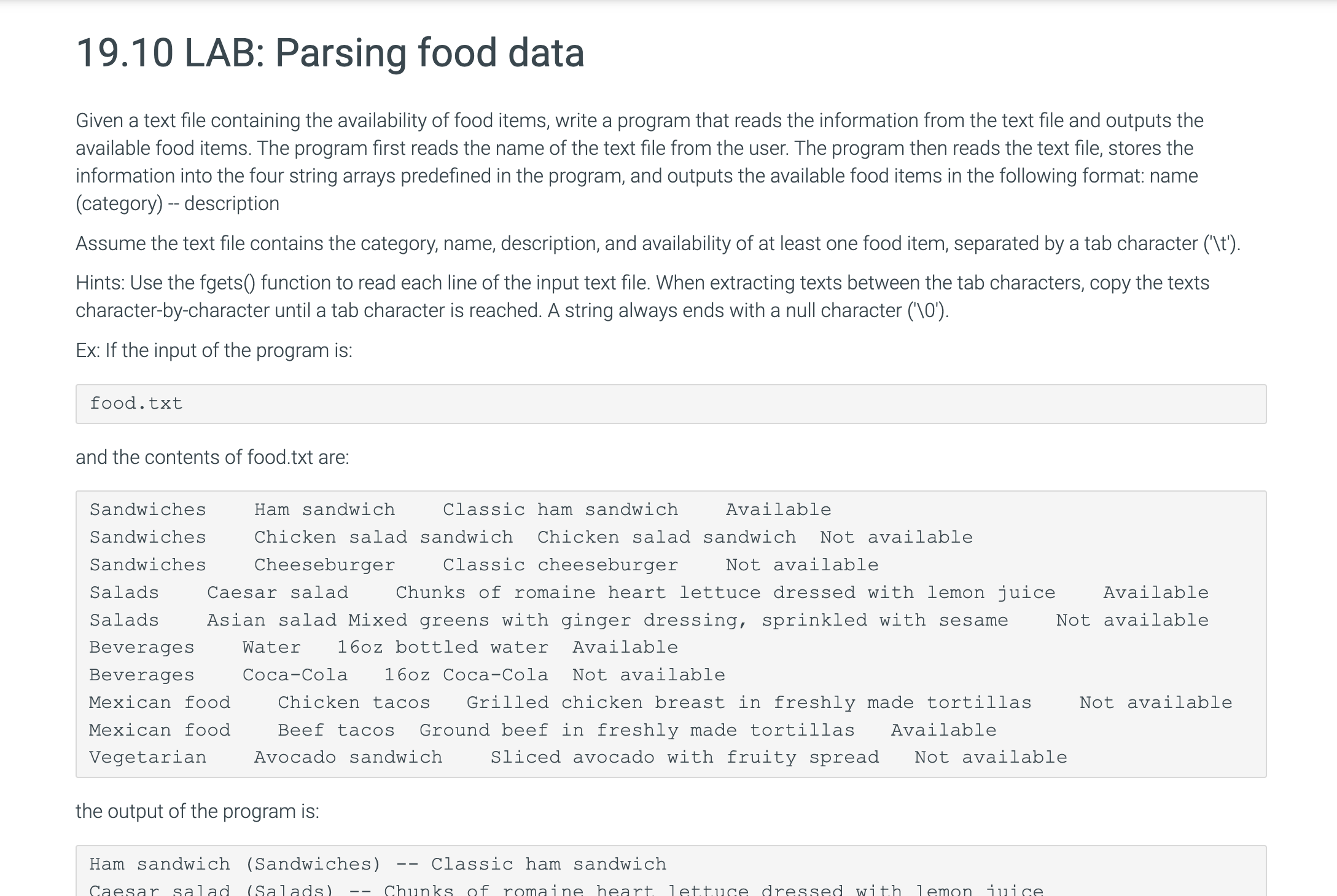 Solved 19.10 LAB: Parsing food data Given a text file | Chegg.com