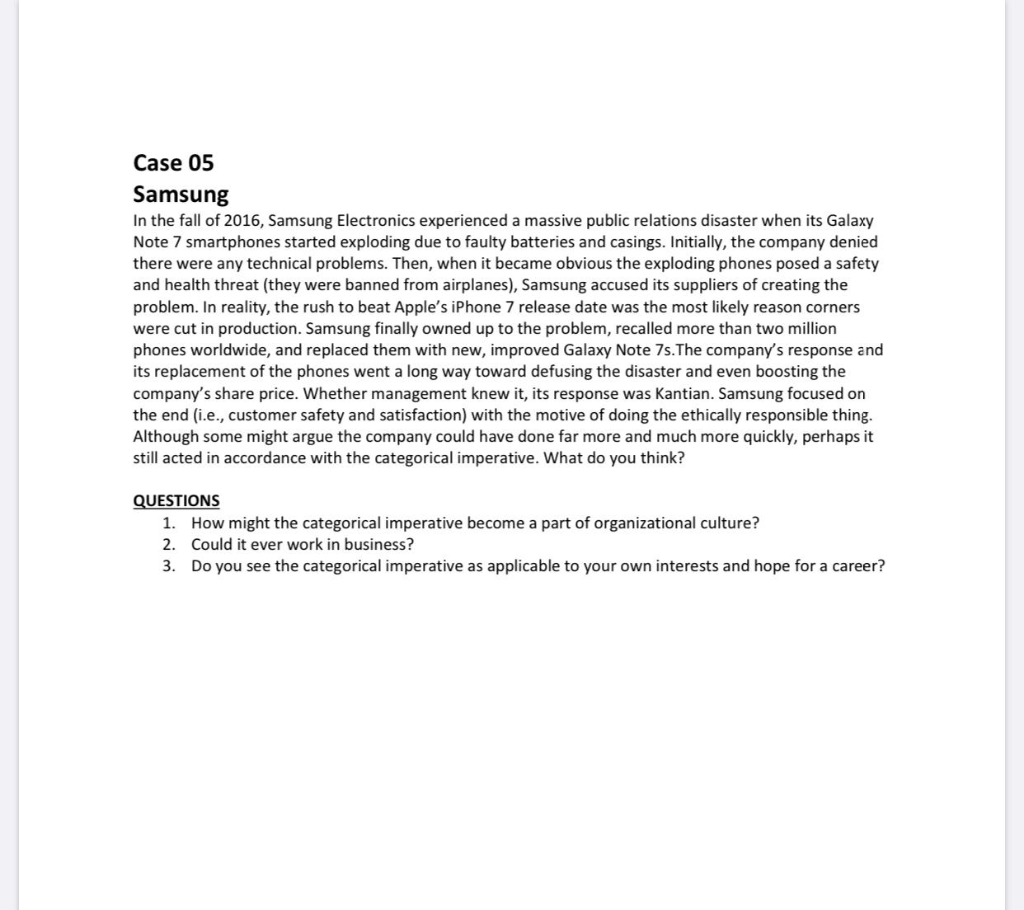 Solved Case 05 Samsung In The Fall Of 2016, Samsung | Chegg.com