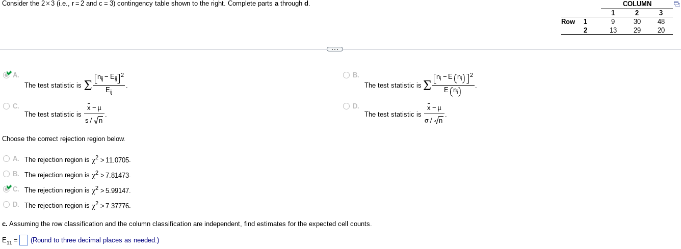 Solved Consider the 2x3 contingency table shown to the | Chegg.com
