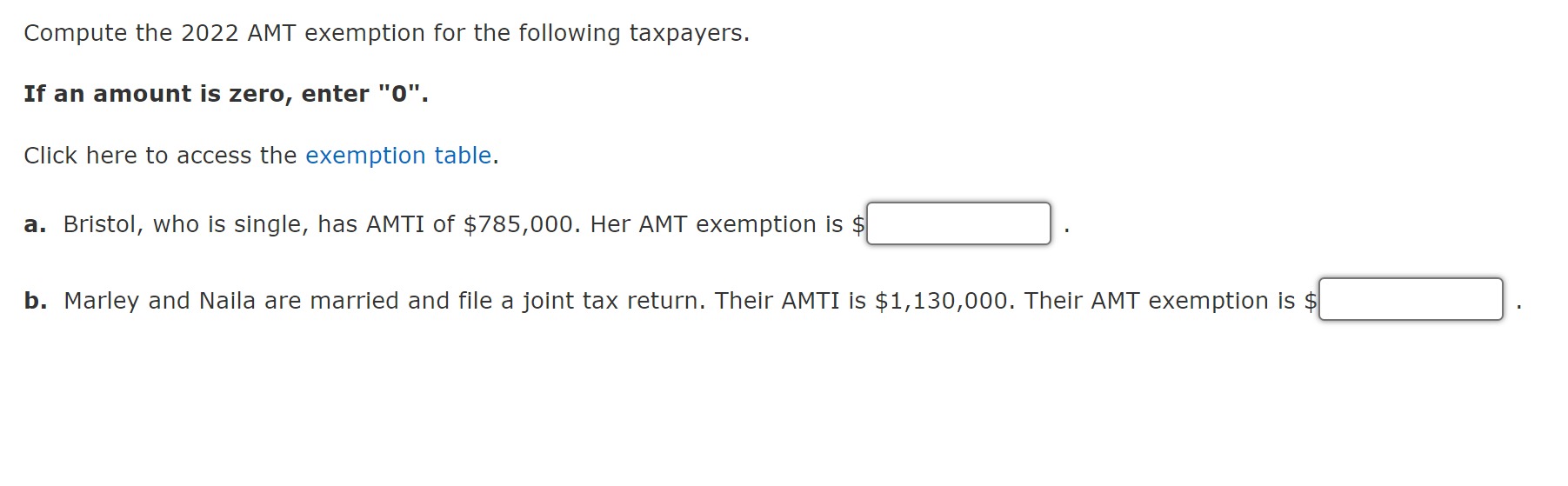 Solved Compute the 2022 AMT exemption for the following | Chegg.com