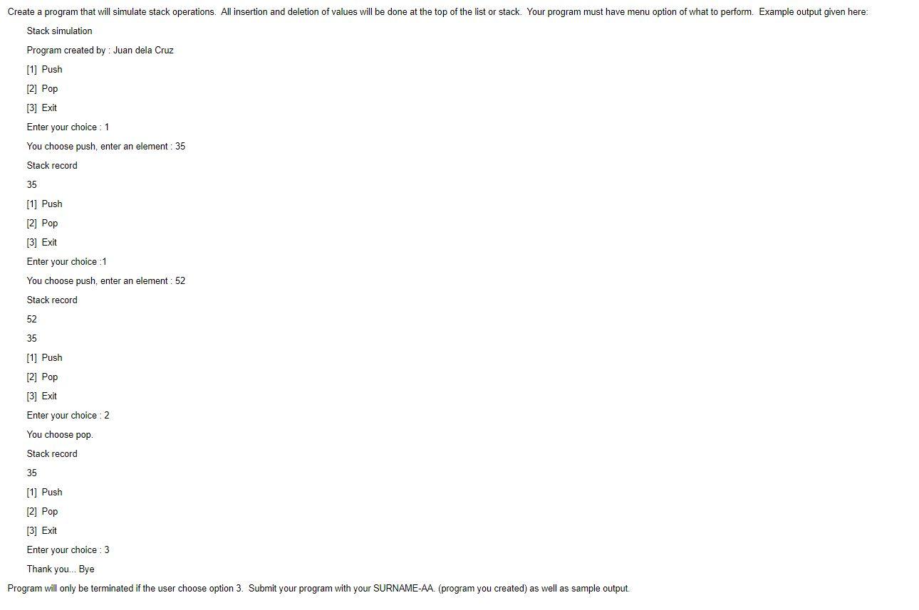 Solved Create a program that will simulate stack operations. | Chegg.com