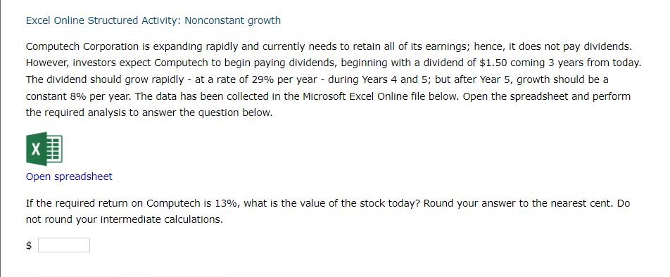 Solved Excel Online Structured Activity: Nonconstant growth | Chegg.com