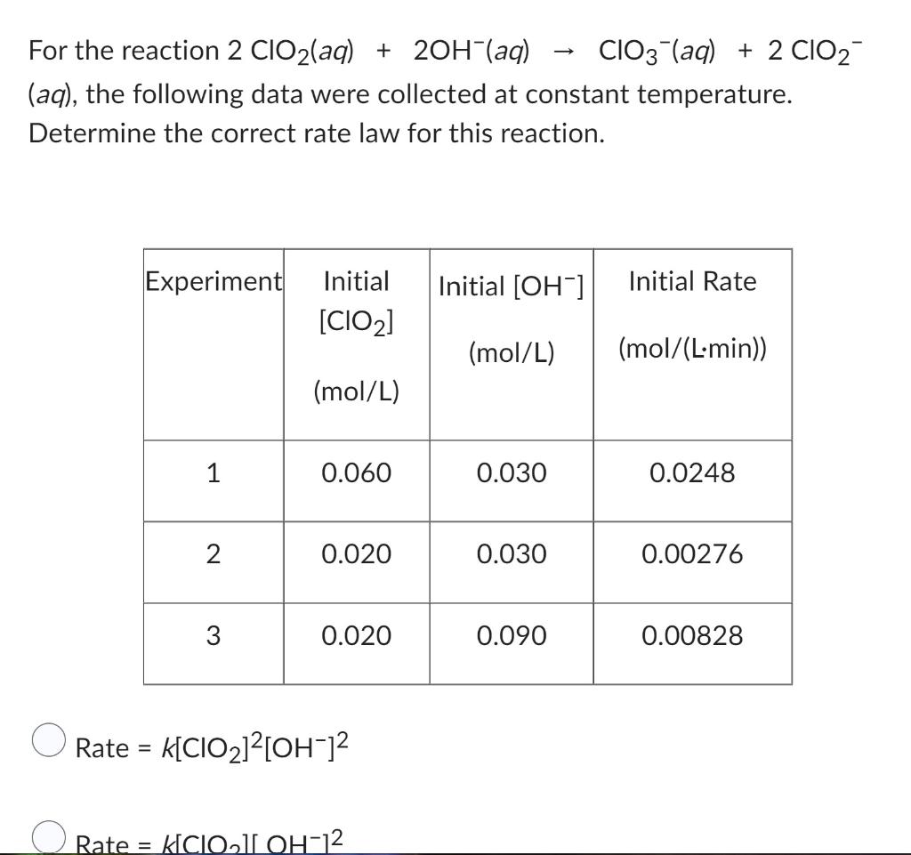 Solved For the reaction 2ClO2(aq)+2OH−(aq)→ClO3−(aq)+2ClO2− | Chegg.com