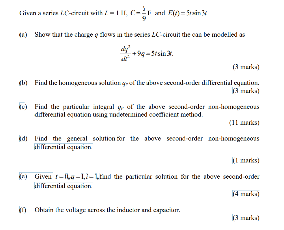 Solved 1 Given a series LC-circuit with L = 1 H, C=-F and | Chegg.com