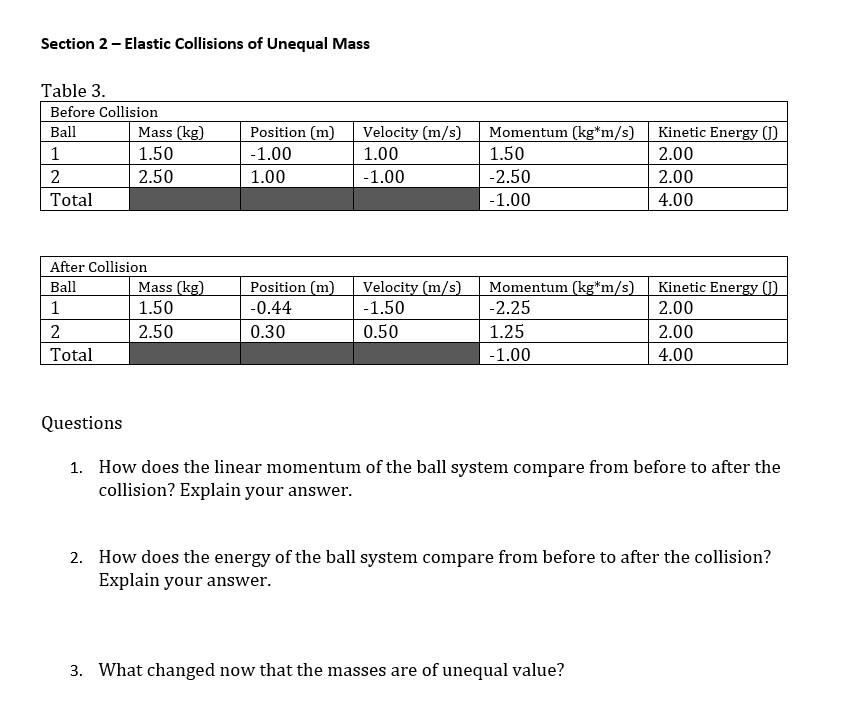 Section 2 - Elastic Collisions of Unequal Mass
Table 3.
Questions
1. How does the linear momentum of the ball system compare 