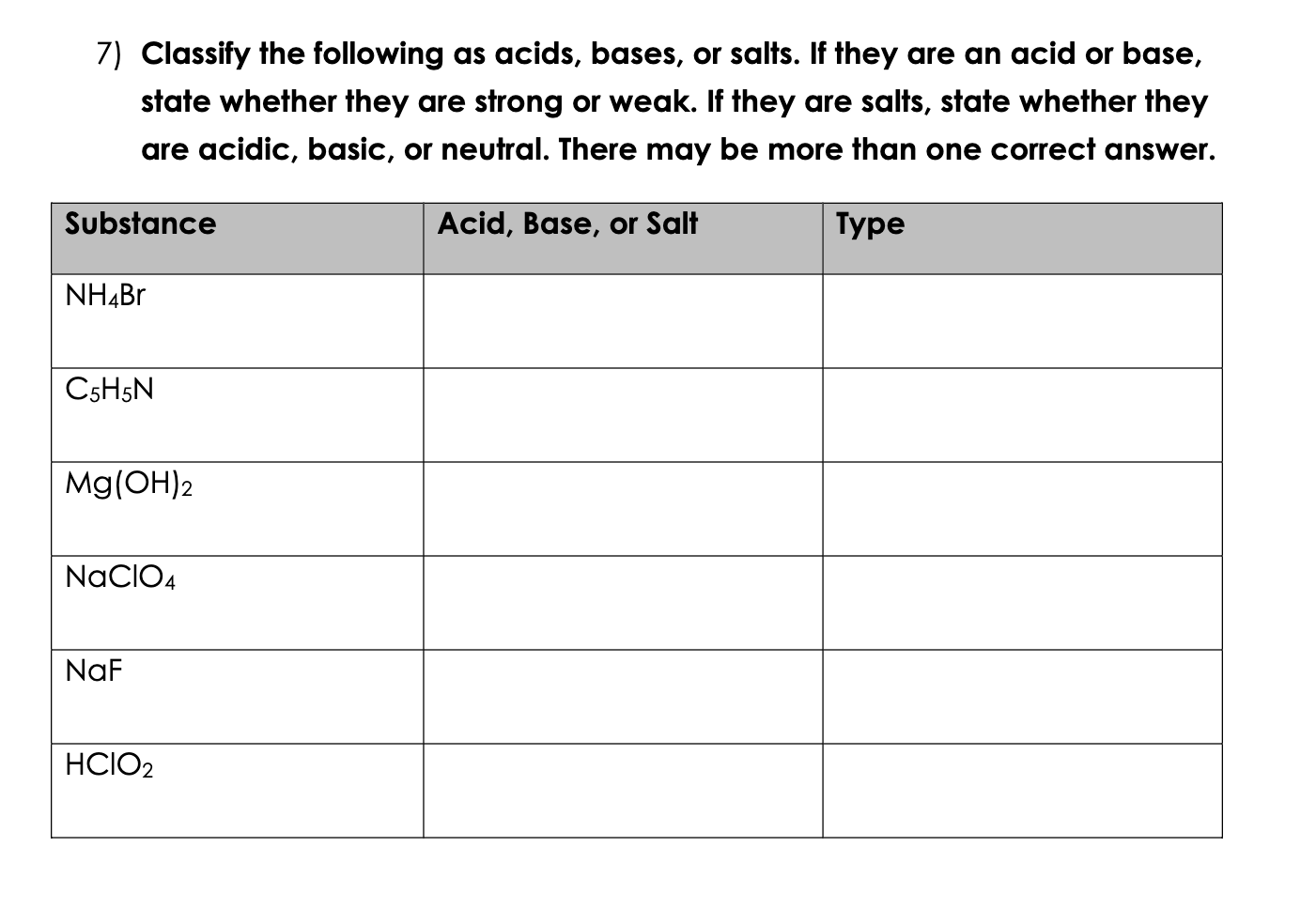 Solved 7 Classify The Following As Acids Bases Or Salts 6806