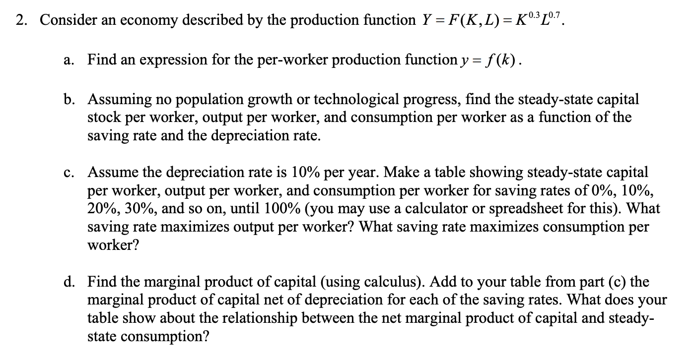 Consider An Economy Described By The Production Fu Chegg Com