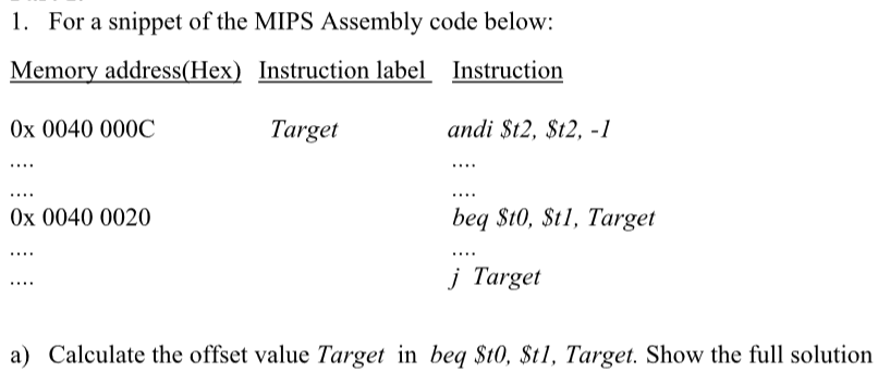 1. For a snippet of the MIPS Assembly code below: | Chegg.com
