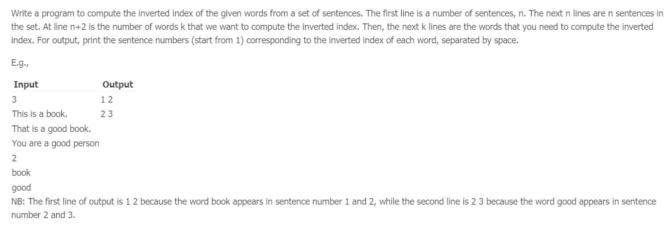 Solved Write a program to compute the inverted index of the | Chegg.com
