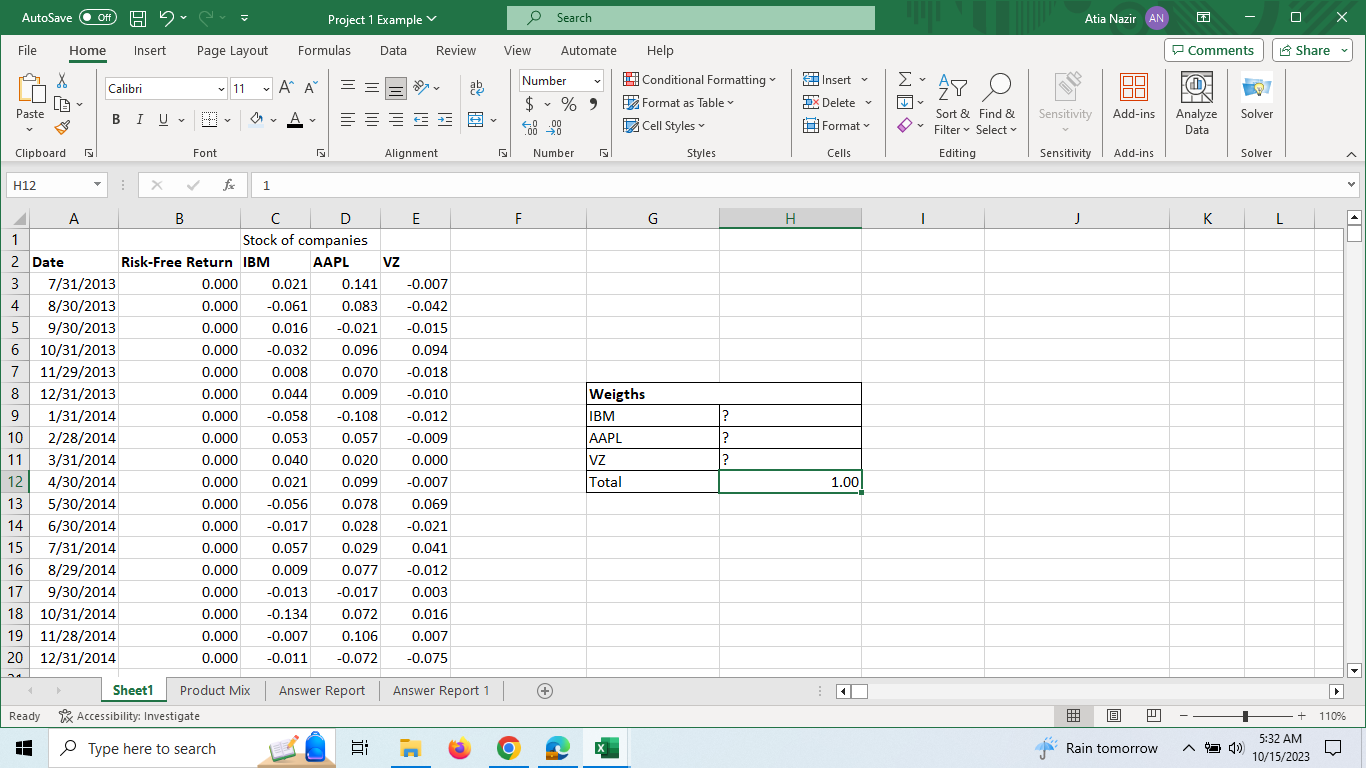 Solved How to find 3 stock weights their sum must be equal | Chegg.com