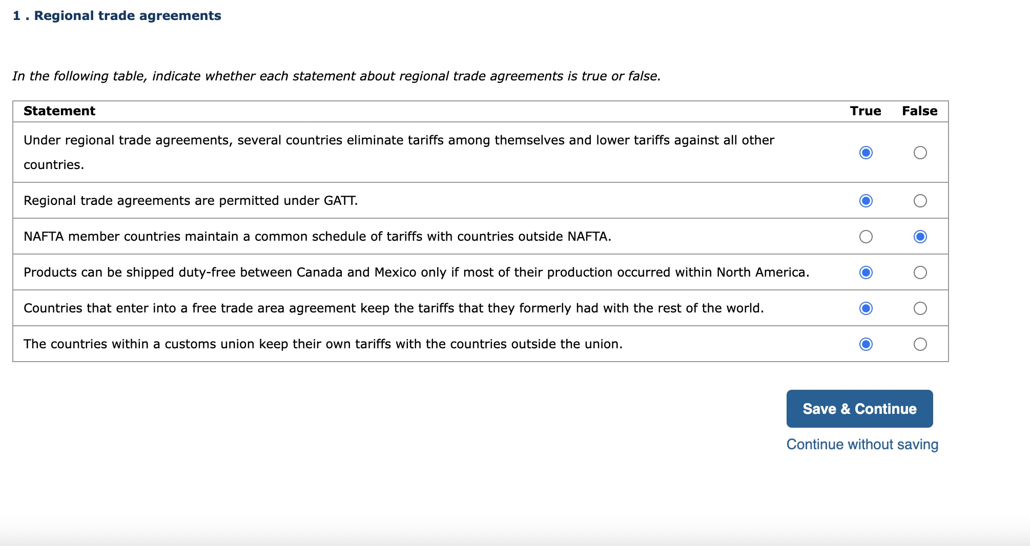 Solved 1. Regional Trade Agreements In The Following Table, | Chegg.com