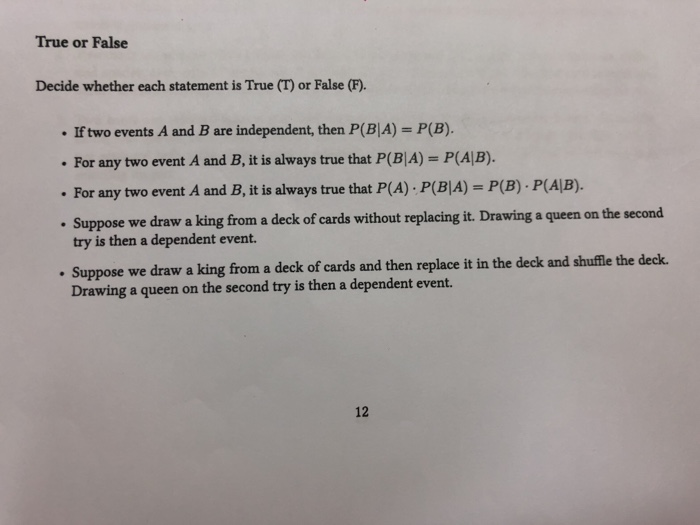 Solved True or False Decide whether each statement is True | Chegg.com