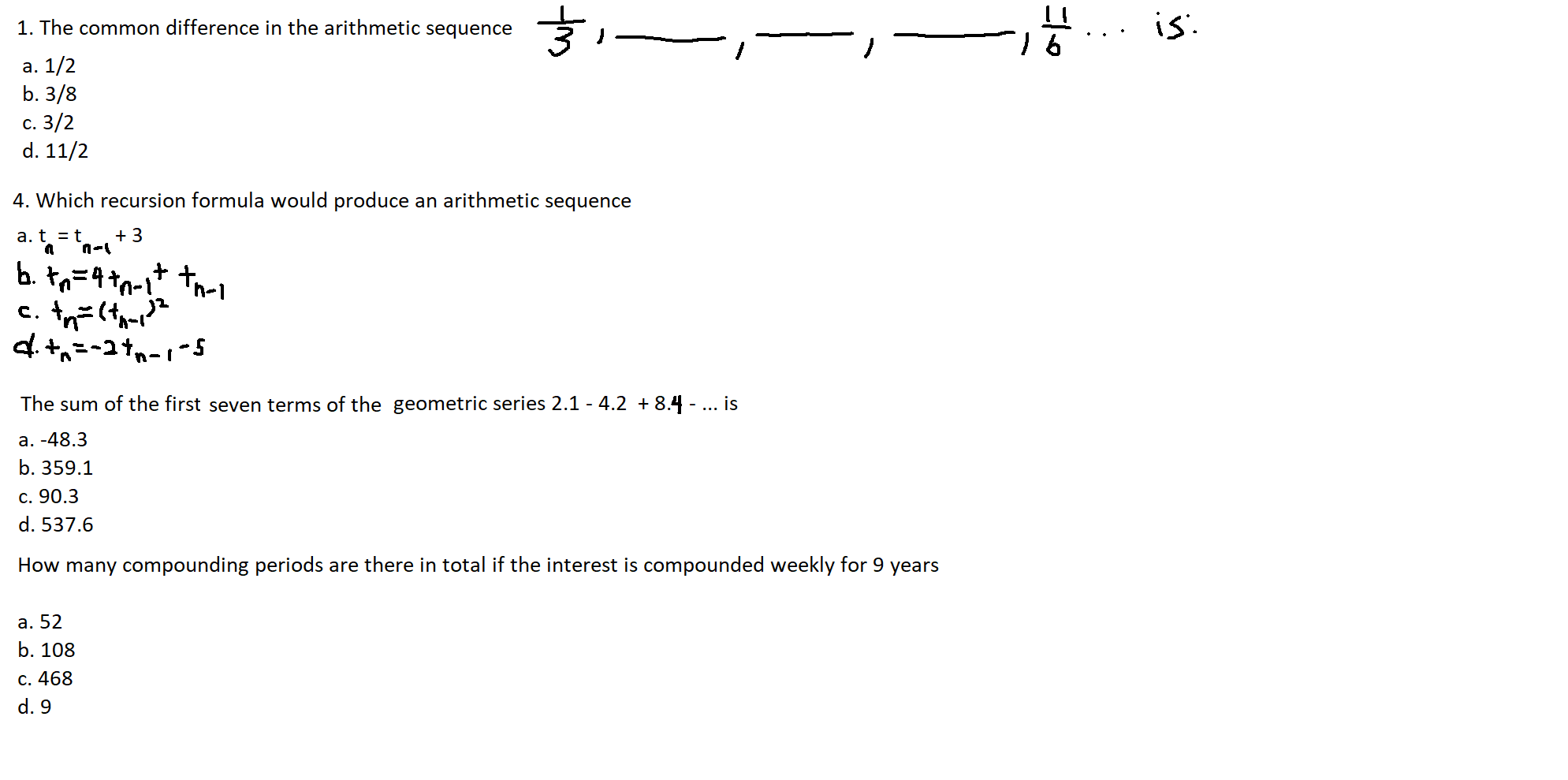 Solved 1. The common difference in the arithmetic sequence | Chegg.com