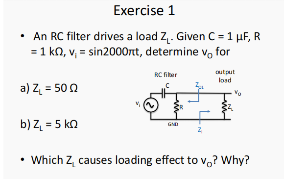 Solved Exercise 1 An RC filter drives a load Z. Given C = 1 | Chegg.com