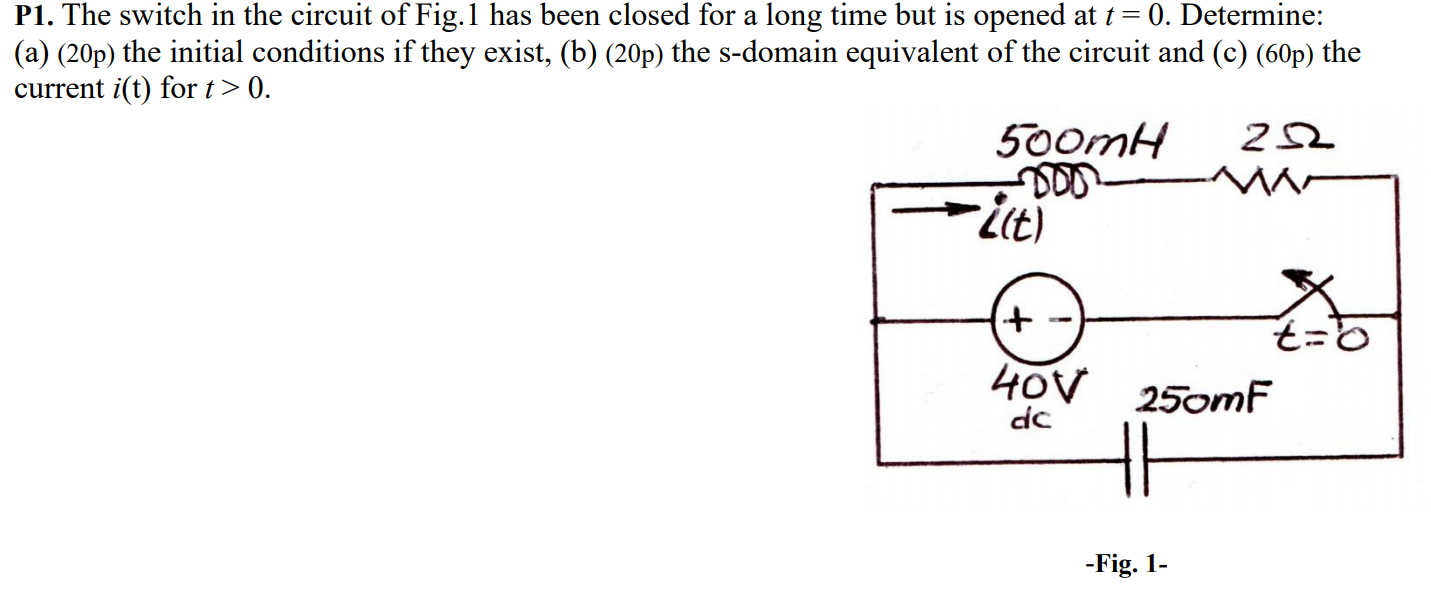 Solved P1. The switch in the circuit of Fig.1 has been | Chegg.com