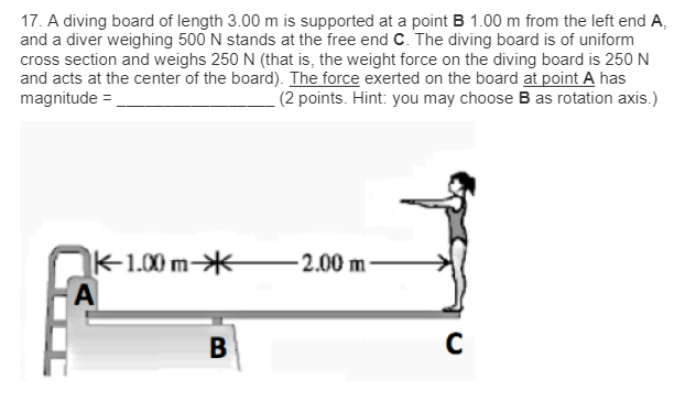 Solved 17. A diving board of length 3.00 m is supported at a | Chegg.com