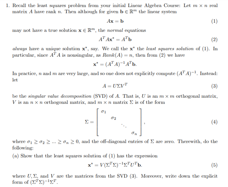 1. Recall the least squares problem from your initial | Chegg.com