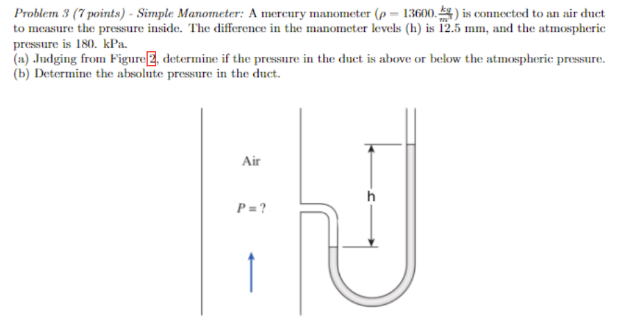 Solved Problem 3(γ points ) - Simple Manometer: A mercury | Chegg.com