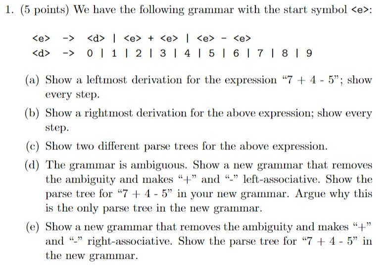 Solved 1. (5 points) We have the following grammar with the | Chegg.com