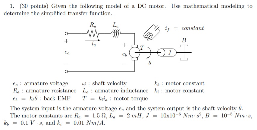 Solved 1. (30 points) Given the following model of a DC | Chegg.com