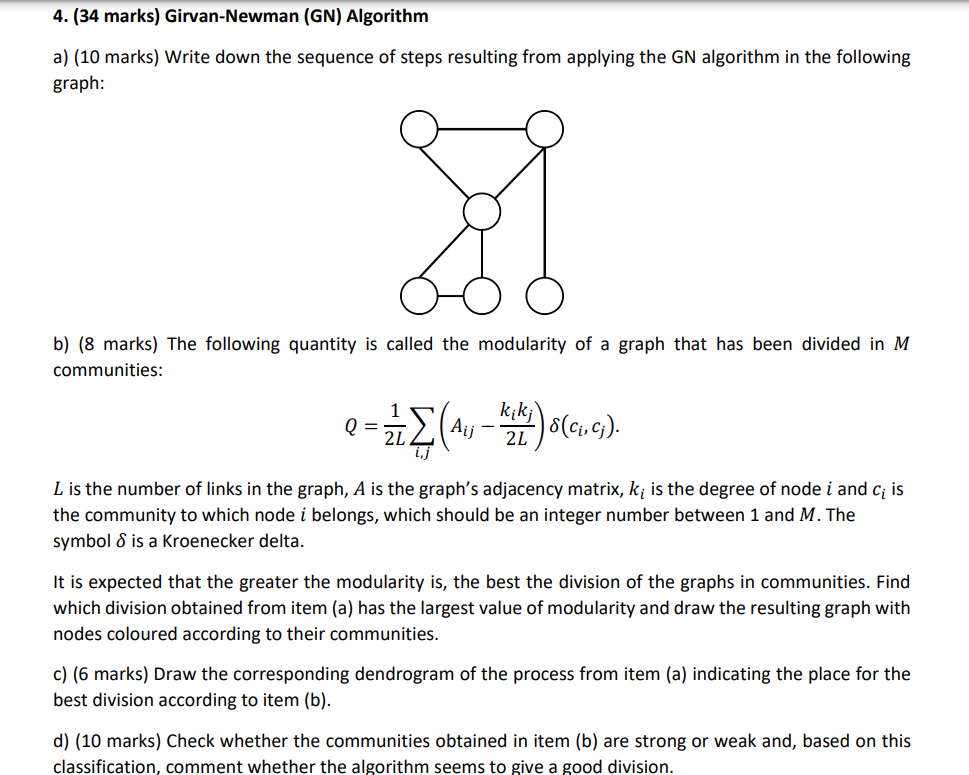 4. (34 marks) GirvanNewman (GN) Algorithm a) (10