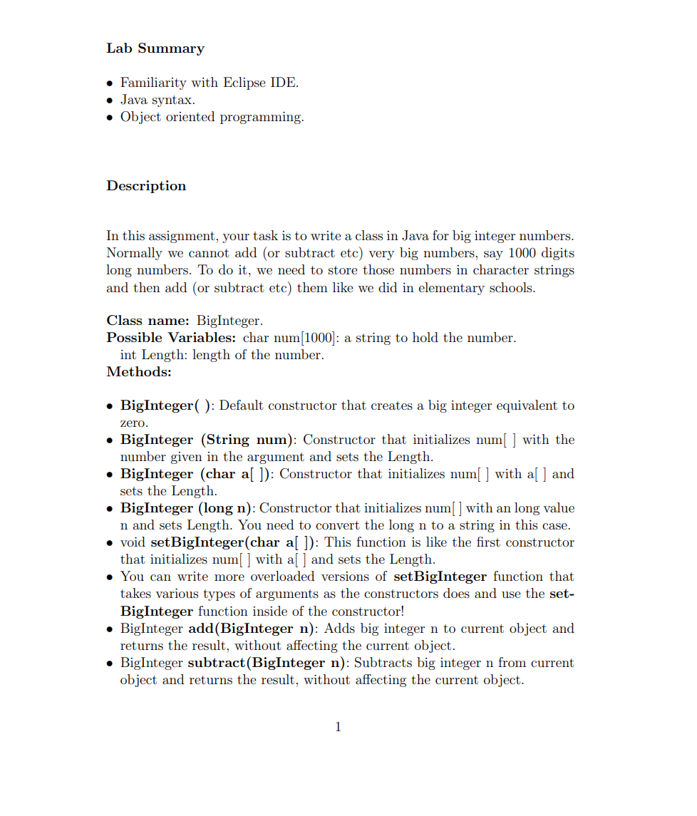 Lab Summary • Familiarity with Eclipse IDE. • Java | Chegg.com