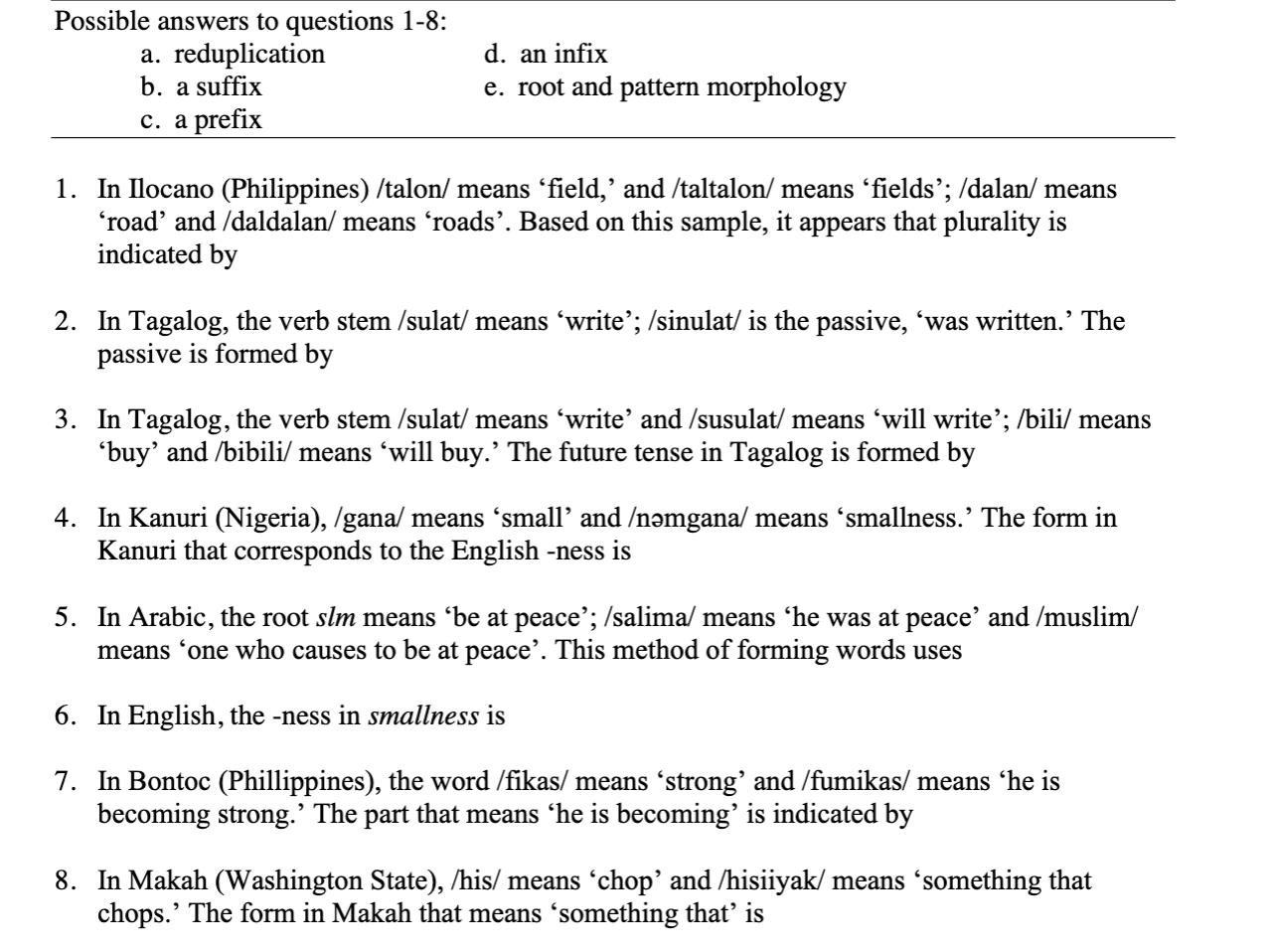 Possible answers to questions 1−8 : a. reduplication | Chegg.com