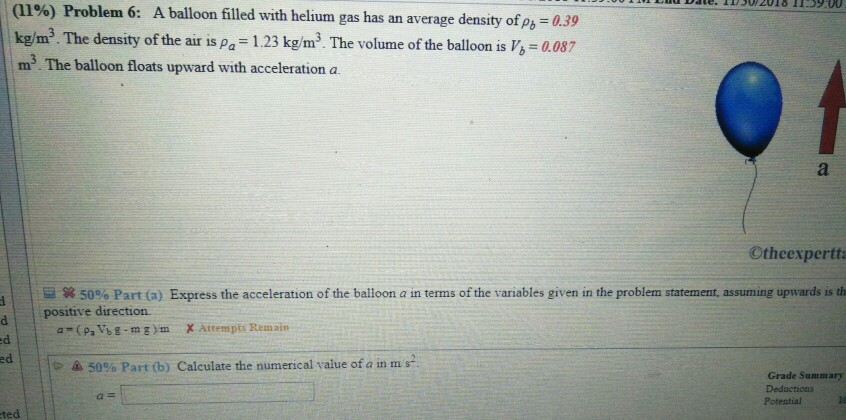 Solved (11%) Problem 6: A Balloon Filled With Helium Gas Has | Chegg.com