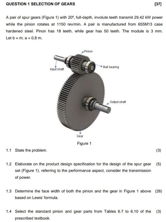 QUESTION 1 SELECTION OF GEARS [37] A pair of spur | Chegg.com