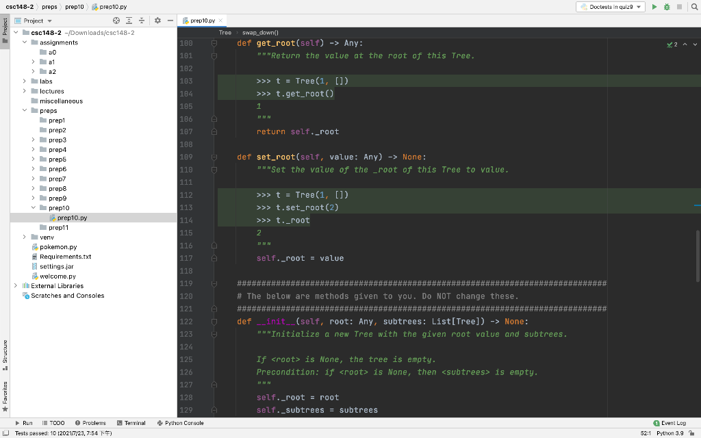 Solved Doctests in quiz Q - e prep10.py Tres swap_down() | Chegg.com