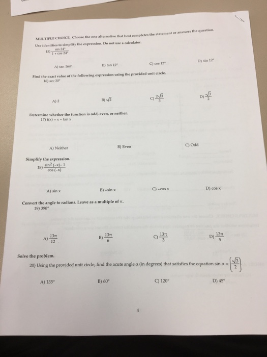 Solved Ptane Trigonometry MULTIPLE CHOICE Choose The One Chegg Solved ptane trigonometry multiple choice choose the one chegg