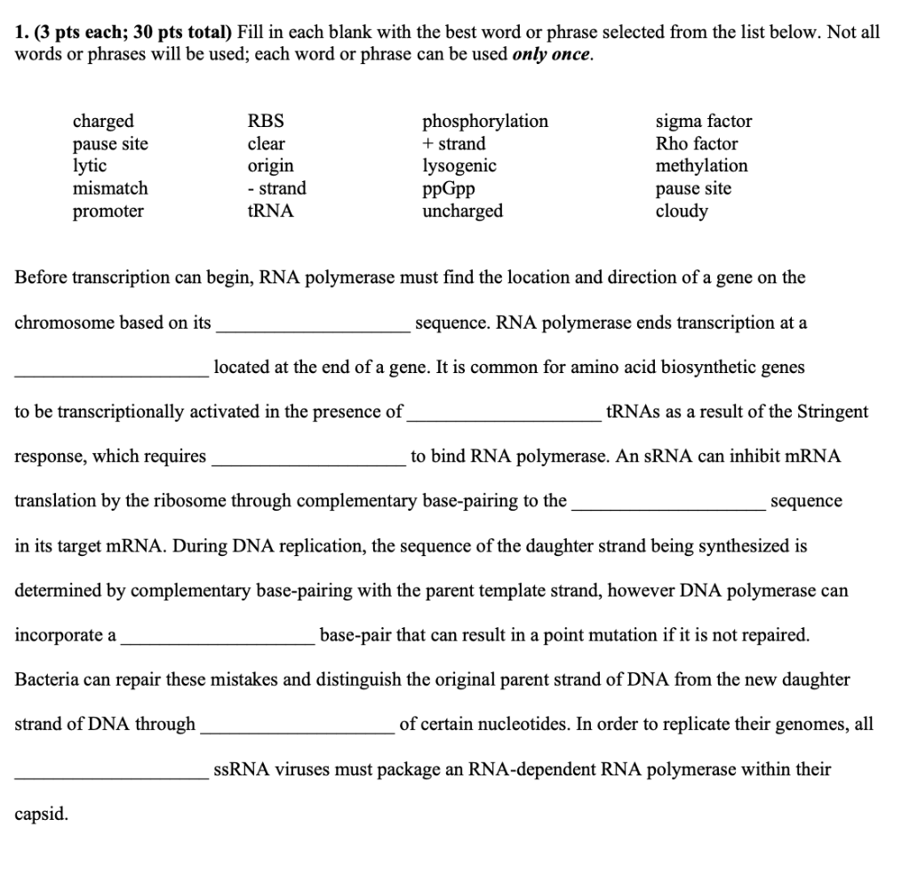 Solved 1. (3 pts each; 30 pts total) Fill in each blank with | Chegg.com